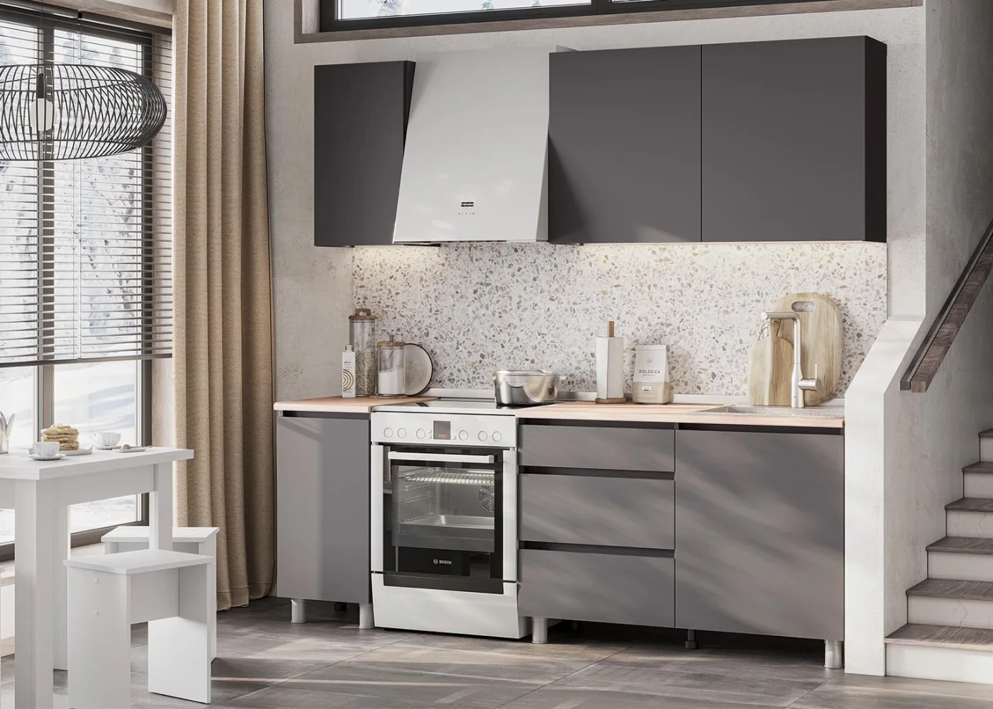 Кухонный гарнитур 1.6м Кухня "Денвер", графитовый цвет, со столешницей, с ящиками